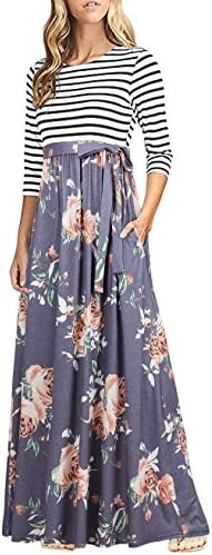 HNNATTA Women 3/4 Sleeve Striped Floral Print Tie Waist Party Maxi Dress with Pockets
