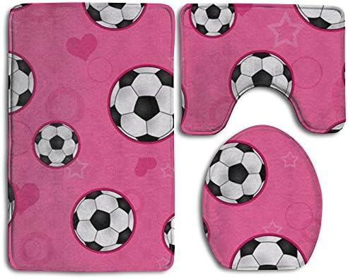 Cute Soccer Ball Print 3 Piece Bathroom Rug Mat Set Soft Memory Foam Bath Carpet Contour Rug With Lid Cover