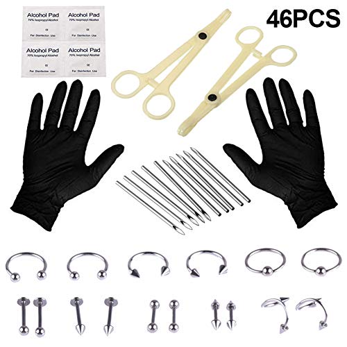 WZPB 46Pcs Professional Piercing Kit Surgical Steel Piercing Jewelry 14G 16G 18G Piercing Needles Disposable Piercing Clamps for Nose Lip Eyebrow Belly Tongue Piercing - Thumbnail 7