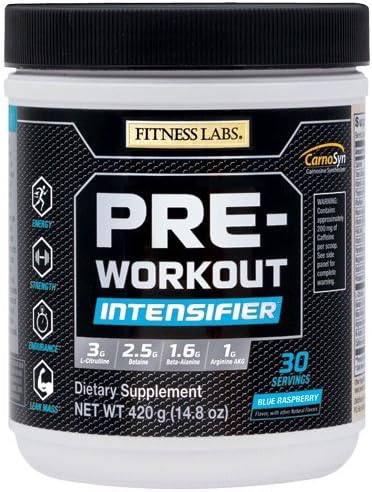 Fitness Labs Pre-Workout Intensifier with 3g L-Citrulline, 2.5g Betaine, 1.6g Beta-Alanine, 1g Arginine AKG, B Vitamins, Electrolytes and More, 30 Servings (Natural Blue Raspberry)