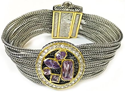 Two Tone Rhodium Plated Multistrand Foxtail Chain Lavender CZ Stone Multi-Stone Bracelet with Pave Border