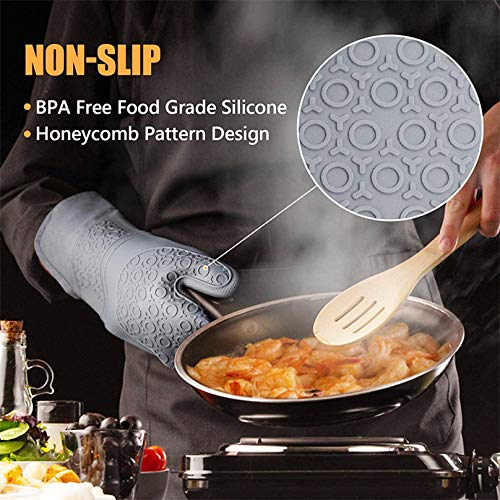 Extra Long Silicone Oven Mitts Baking Set and Pot Holders, 6Pcs Quilted Liner Heat Resistant Non-Slip Gloves with Mini Oven Gloves, Hot Pads for Kitchen Baking Cooking