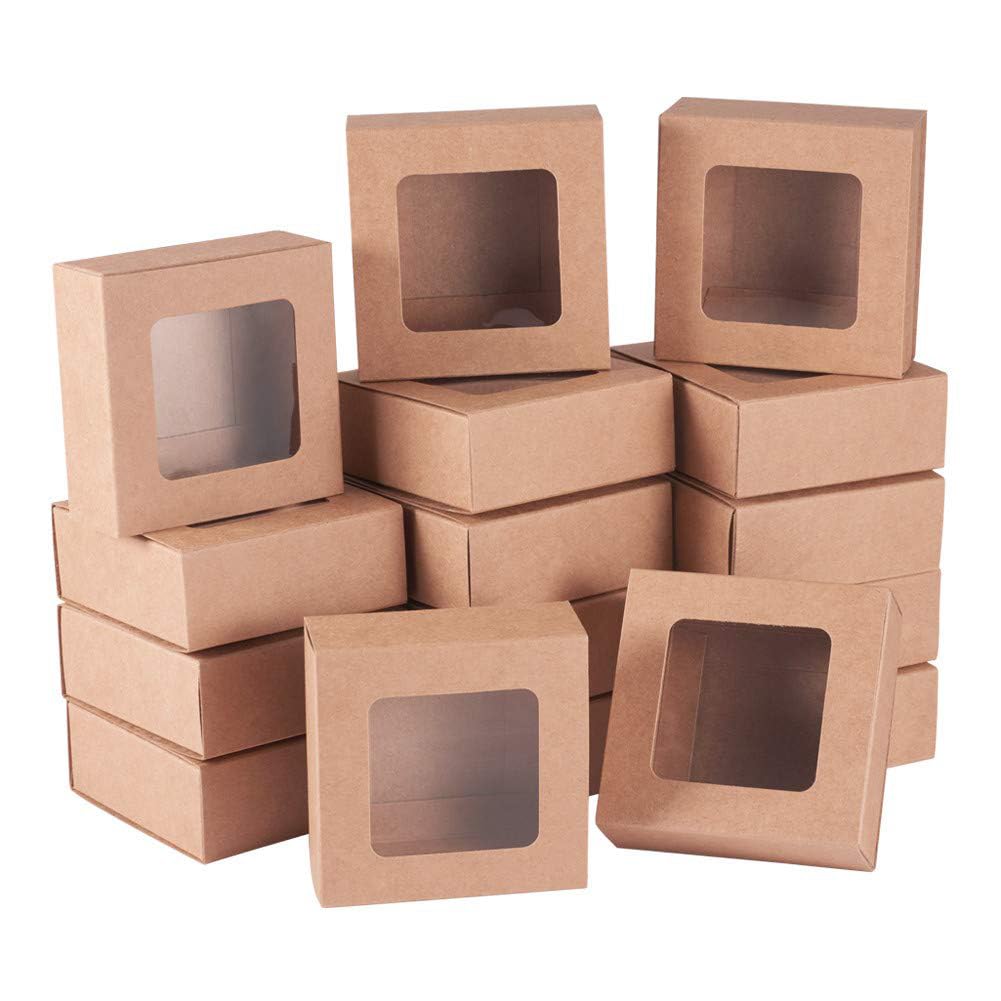 BENECREAT 24 Packs Square Kraft Paper Drawer Boxes with Window 6.5x6.5x3cm Paper Gift Boxes for Bakery Party Favor Treats Storage
