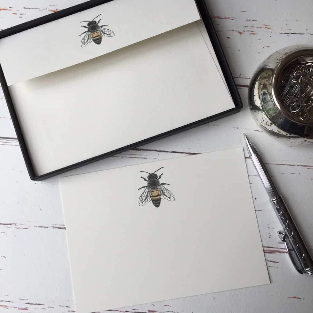 Wagtail Designs Notelets with a Honey Bee Illustration in a lovely Black Box with Ribbon (packet of 20 notelets and envelopes)