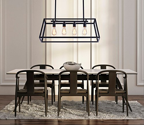 Morley Glass Linear Chandelier, 4-Light Industrial Island Pendant Lighting with Matte Black Frame for Dining Room, Kitchen by Lanros