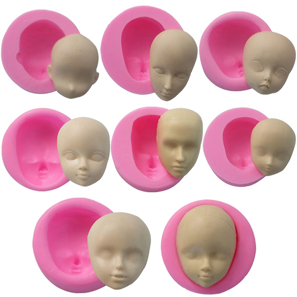 WonDerfulC 8pcs Silicone Human Head Mould Fondant Face Moulds Model Doll Head Mold Making Cake Clay Resin Candle Soap Molds