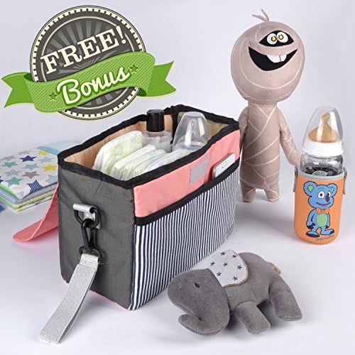 Universal Stroller Organizer with Shoulder Strap & Stroller Hook + Free Bonuses! | Thermo Denim Fabric | Waterproof & Washable | 5 Functional Pockets | Perfect Baby Shower Gift |
