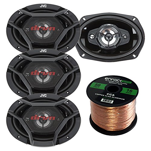 JVC CS-DR6931 DRVN Series 6x9 500 Watt 3-Way Coaxial Car Speakers (Qty 4) with Enrock 50 Ft 16 Gauge Speaker Wire
