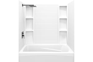 White Acrylic Tub Wall Surround 32"x 60"x 58" - Waterproof, Easy-to-Install, Two Shelf Units Kit Included - Bathtub Wall Surround Panels - Stacked Tiles Pattern, Classic Shelves - Noah William Home