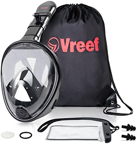 Vreef Full Face Snorkel Mask New Model with 180° Panoramic Viewing, Non-Toxic Silicone Materials, Easy-breath Longer Tube, Improved Anti -Fog &amp; Anti-Leak Technology + FREE BONUSES. By