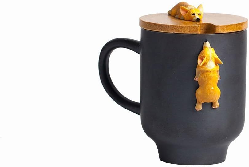 Corgi Mug with Original Bamboo Lid,Ceramic Handmade 3D Animal Figurine Coffee Mug Tea Cup 12oz/350ml (Black, Corgi)