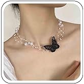 Ximdble Vintage Layered Lace Butterfly Choker Necklace Boho Pearl Choker Necklace Hollow Butterfly Necklace Clear Transparent Chain Necklace Pearl Station Necklace for Women