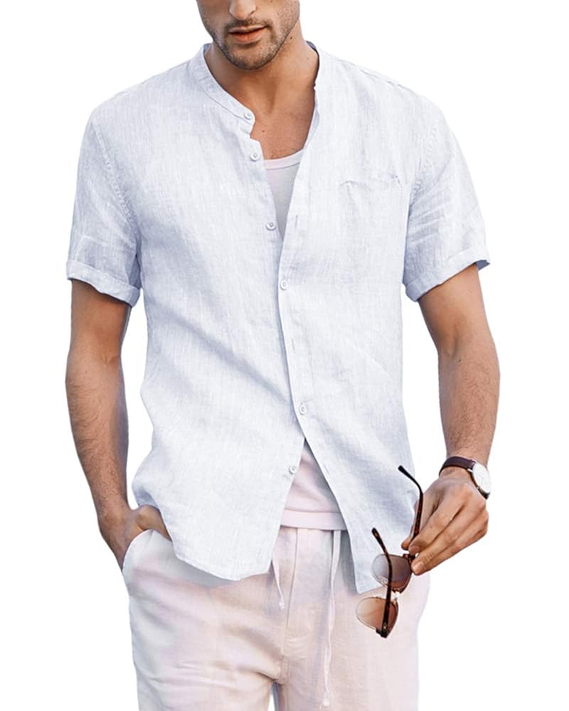 Mens Linen Button Down Shirts Beach Short Sleeve Cotton Lightweight