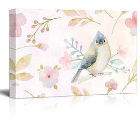 Watercolor Style Painting with Bird and Floral Patterns