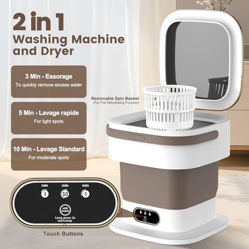 Mini Washing Machine, 15L 2 in 1 Portable Washing Machine with Spin and 3 Cleaning Modes for Small Clothes, Folding Camping Washing Machine for Travel, Apartments (Kaki)