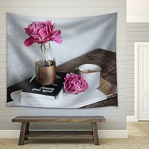 Pink Flowers and Books on The Table - Fabric Wall Tapestry Home Decor - 51x60 inches