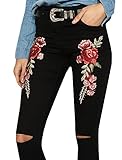 Palster Women High Waist Skinny Leggings Broken Pencil Pants Rose Embroidery Denim Jeans