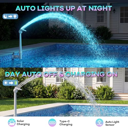 Solar Pool Fountain for Above Ground and Inground Pools with 9-Color Auto-Sensing Lights, High-Pressure Dual Spray Waterfall and 360° Adjustable Sprinkler Cools by 10-20°F for Relaxation