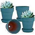 vensovo 6 Inch Steel Blue Terracotta & Clay Pots for Plant with Saucer - 4 Pack Medium Terra Cotta Planter with Drainage Hole, Flowerpot for Indoor Outdoor Plants, Crafts, Wedding Favor
