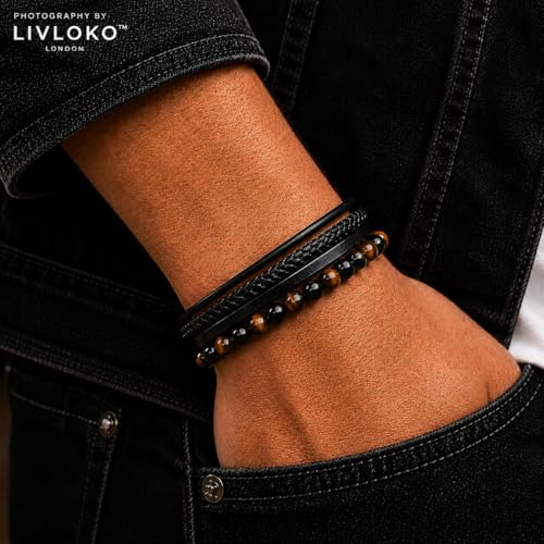 LIVLOKO LONDON Mens Bracelet Leather Black Multi-Layer Stone Beads Magnetic Adjutable Steel Clasp Viking Rope Bands Surfer Man Wristband Male UK Jewellery Gift box Boyfriend Dad Son Brother Tiger Eye