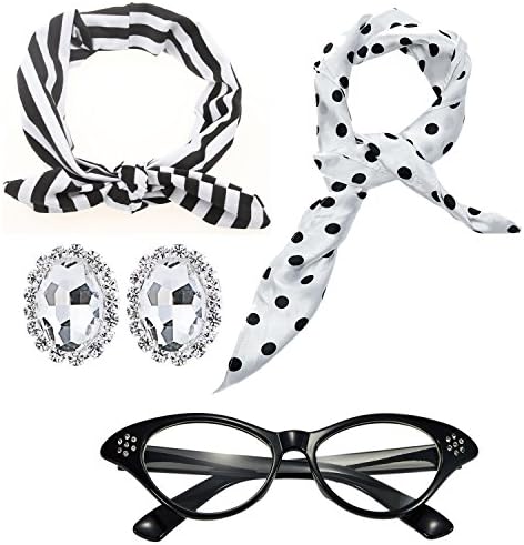 50's Costume Accessories Set Chiffon Scarf Cat Eye Glasses Bandana Tie Headband &amp; Earrings (womens, White)