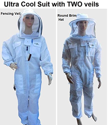 OZ ARMOUR BEEKEEPING FULL SUIT VENTILATED ULTRA COOL WITH TWO HOODS FENCING & ROUND BRIM HAT WITH COW HIDE GLOVES (Extra Large)