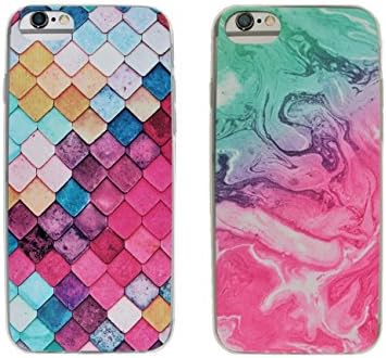 iPhone 6 / 6s / 7 / 8 Stylish Shock-Proof Silicone Shell Case (Pastel Marble &amp; Colorful Tiles 2-pack)