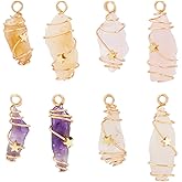 FINGERINSPIRE 8Pcs 4 Styles Natural Quartz Amethyst Stone Pendants Charms Gold Plated Wire Wrapped Crystal Gemstone Original Raw Irregular Healing Stone Charms Rough Stone Pendant for Jewelry Making