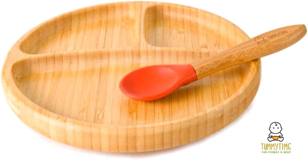 Baby Suction Plate and Matching Spoon Set, Suction Stay Put Feeding Plate Great for Baby LED WEANING, Natural Bamboo (Orange)