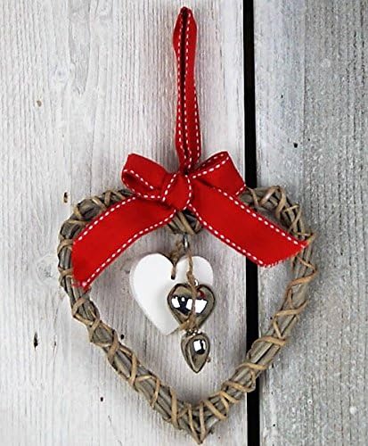 16cm Wicker Heart with white and silver Hearts Red Bow