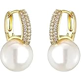 Gold Pearl Hoop Drop Earrings for Women 14k Gold Plated Non Tarnish Hypoallergenic Small Dainty Trendy Huggie Hoop Earrings Jewelry Gifts