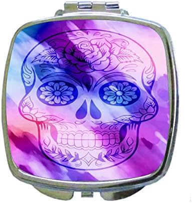Lea Elliot Watercolor Floral Sugar Skull Print Design Square Shaped Compact Travel Pocket Size Beauty Mirror
