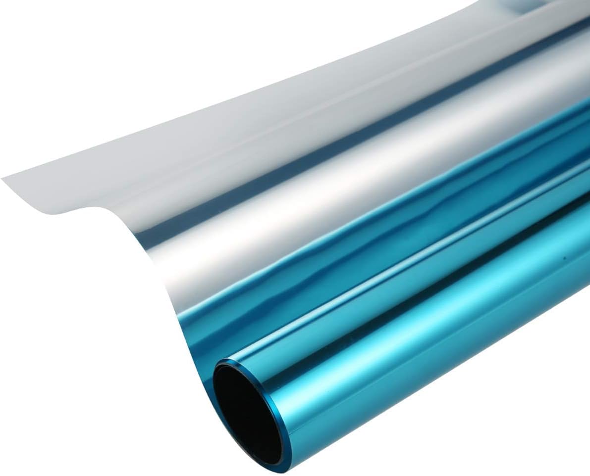 One Way Mirror Reflective Window Privacy Film Heat Insulation Anti UV Window Tinting Glass Vinyl Day Privacy Protection for Home and Office, 24 Inch x 10 Feet, Blue Silver