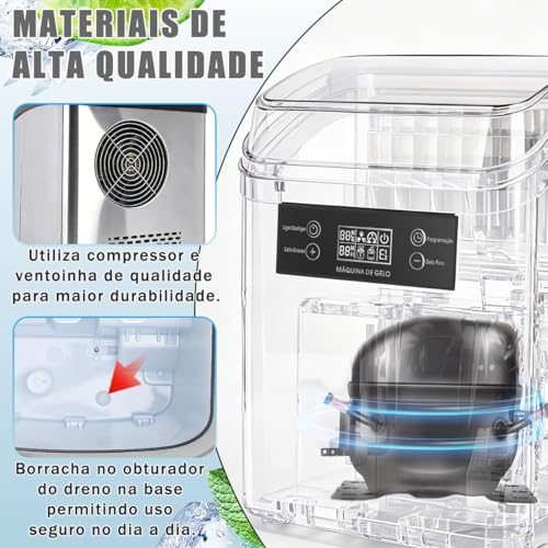 Ice Maker Portátil Inox 20kg/dia, Autolimpeza c/Pá e Cesto Casa Bar 127V
