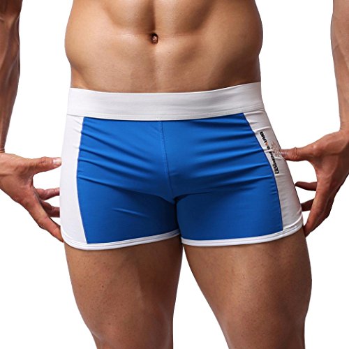 Koolee Men's Patchwork Briefs Swimming Trunks Boxer Swim Pants Sexy Swimwear Sport Underwear Tight Boxer Brief (L, Sky Blue)