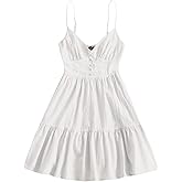 ZAFUL Women's Casual V Neck Summer Mini Dress Spaghetti Strap A-Line Short Dresses Backless Solid Color Sundress
