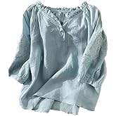 Women's Cotton Linen Button Short Sleeve Shirt Loose Summer Casual Crewneck Boho Top Embroidered Blouse Tops