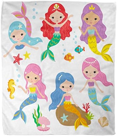 スローブランケット60x80インチ高級フランネル海のかわいい人魚姫マイクロファイバープリントの下にカラフルな髪柔らかい居心地の良い暖かいしわ耐性ソファベッドスローソファ 150x0 Teamdriven Us