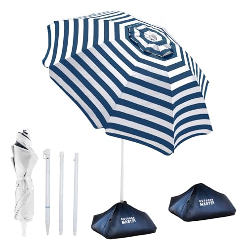 OutdoorMaster Beach Umbrellas for Sand with Sandbag & Anchor, 7.2ft Adjustable Umbrella for Beach Heavy Duty Wind, Portable UPF50+ Sunshade with Carry Bag for Patio