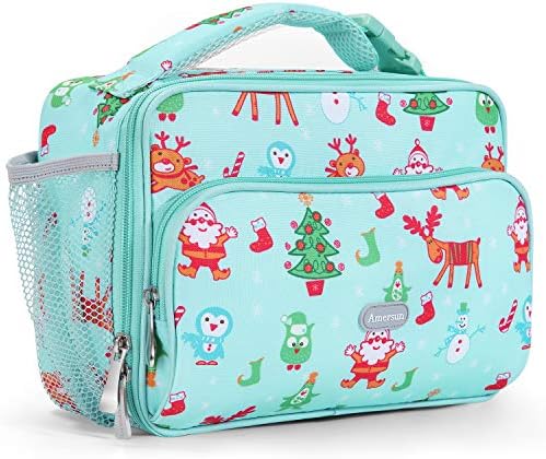 Amersun Kids Lunch Bag, Durable Insulated School Lunch Bag with Padded Liner Keep Food Warm Cold Longer Time,Small Water-resistant Thermal Travel Office Lunch Cooler for Girls Boys-2 Pockets,Christmas