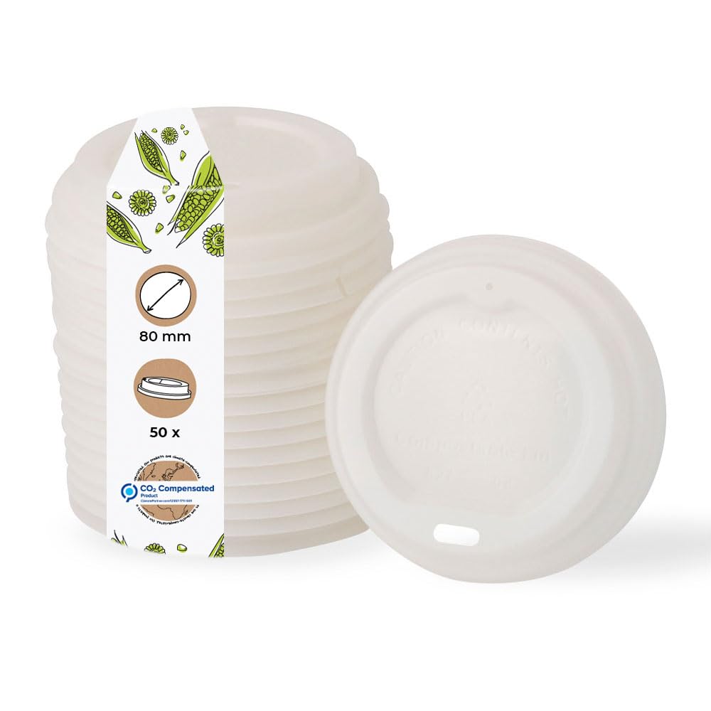 BIOZOYG Coffee To Go Lid for Drinking Cups Ø 80mm I 50 Paper Cup Lids made of CPLA Bioplastic 100% biodegradable, compostable, recyclable I Drinking Cup Lid with Hole white