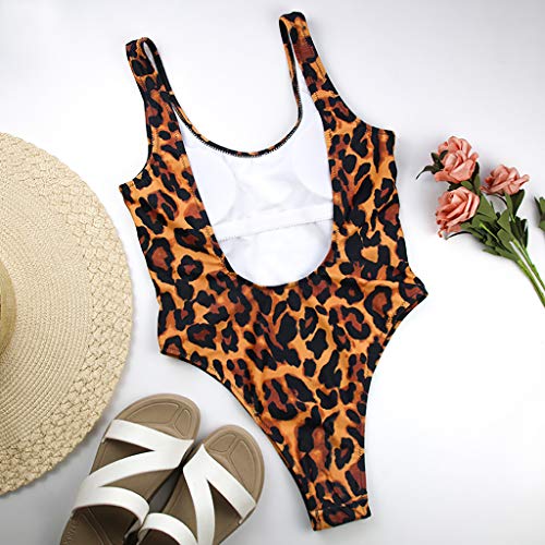 Women's Leopard Bikini Swimwear Ladies Summer One-Piece Set Soft Flexible Push-Up Pad Filled Bra Beachwear S-XL (Coffee, M)