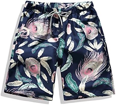Huluwa Men's Boardshort, Quick Dry Beach Trunk Bathing Suit Swimwear for Men, Blue Feather, L
