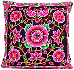 ETHNIC LANNA Black and Pink Flower Hmong Cushion Handmade Cushion Cover with Hmong Embroidered Design Nice Living
