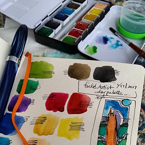 Field-Artist-Pro-12HP-Complete-TRAVEL-WATERCOLOR-SET-includes-12-Brilliant-Half-Pan-Colors-2-Custom-Brushes-a-Genuine-Sea-Sponge-a-Classic-Metal-Field-Box-all-fits-in-your-Pocket