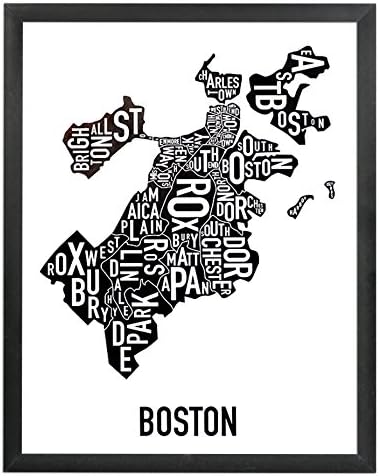 Ork Posters Framed Boston Neighborhoods Map Art Print, Black & White, 11" x 14" in Black Frame