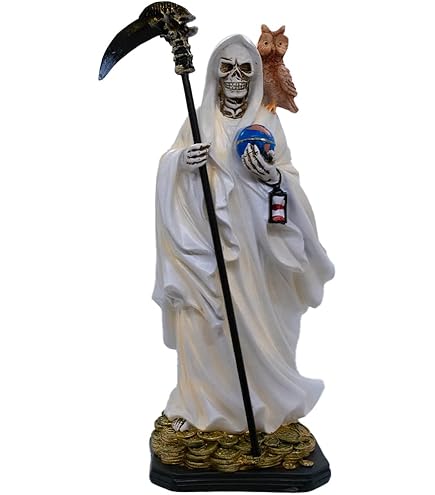 12" Santa Muerte Statue | Our Lady Of A Holy Death | Gold-tone, Red, Or Brown Robe | Skeleton Statue Holding A Globe And Scythe With A Brown Owl On