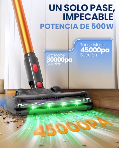 Zynet DP2 Aspiradora Sin Cable con Doble Batería, 45KPa/60Min/500W, Pantalla LED, Tubo Telescópico, Autónomo, Luz Verde, Aspiradora Escoba Sin Cable para Pelo de Mascotas/Alfombras/Suelos Duros