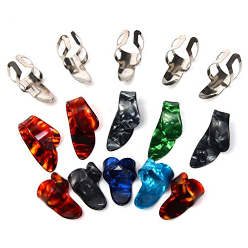 cyclamen9 Thumb and Finger Picks,5 Thumb +10 Finger Nail Guitar Picks Plectrum Colorful Celluloid Thumb Finger Guitar Bass Banjo In A Box(colorful)
