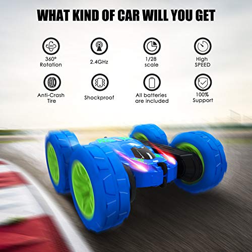 RC Stunt Car for Kids, SHARKOOL 360°Flips Double Sided Rotating 4WD 2.4Ghz Remote Control Car with Sharp Dual-Color Headlights -Best Gift for 2-12 Years Old Kids(All Batteries Included) - Thumbnail 3